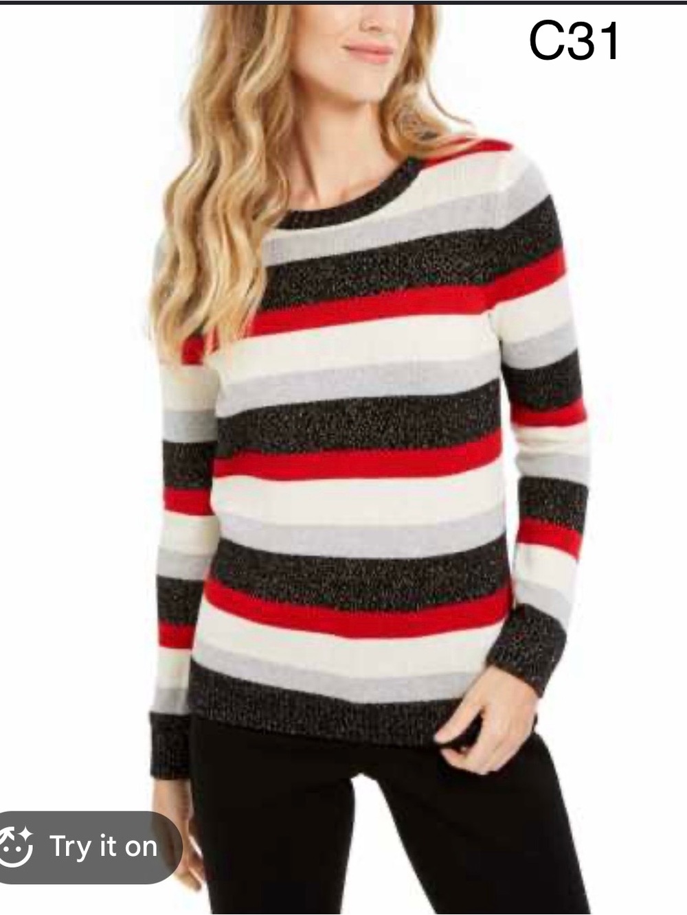 Charter Club Striped Crewneck Sweater in Red, Black & White,Size Medium